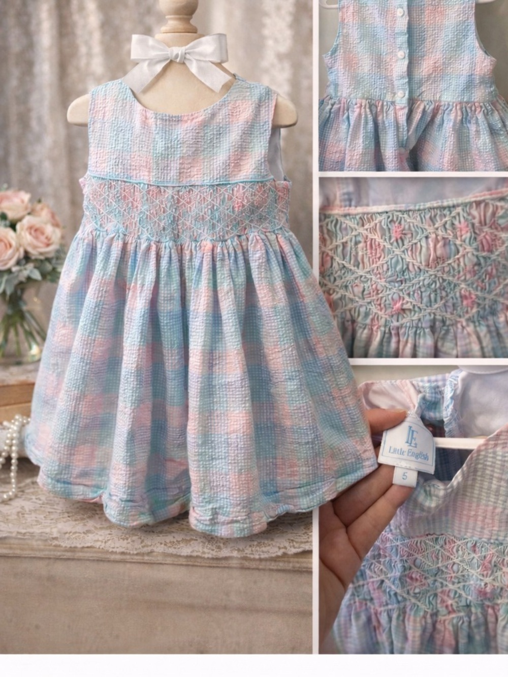 Little English Hollis Smocked Dress Size 5 Pastel Seersucker Heirloom Luxury